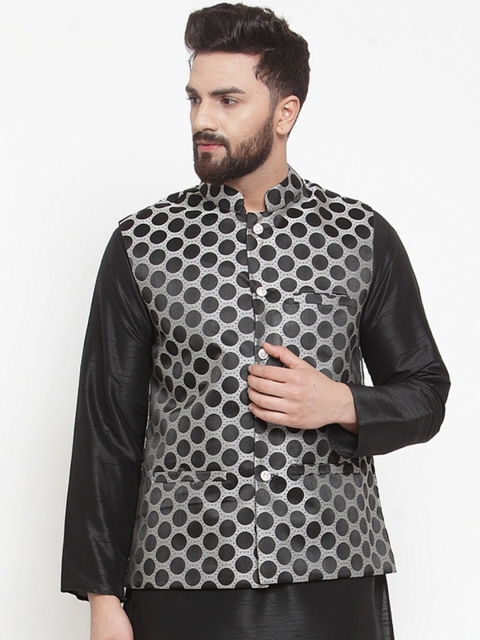 

TAG 7 Men Black & Grey Woven Design Nehru Jacket