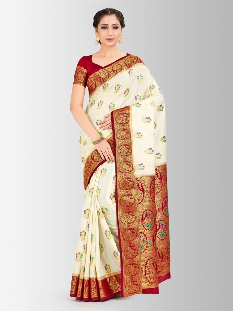

Mitera Beige & Red Art Silk Embellished Paithani Saree