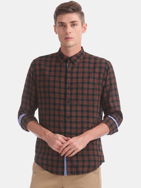 

Ruggers Men Brown & Black Slim Fit Checked Casual Shirt