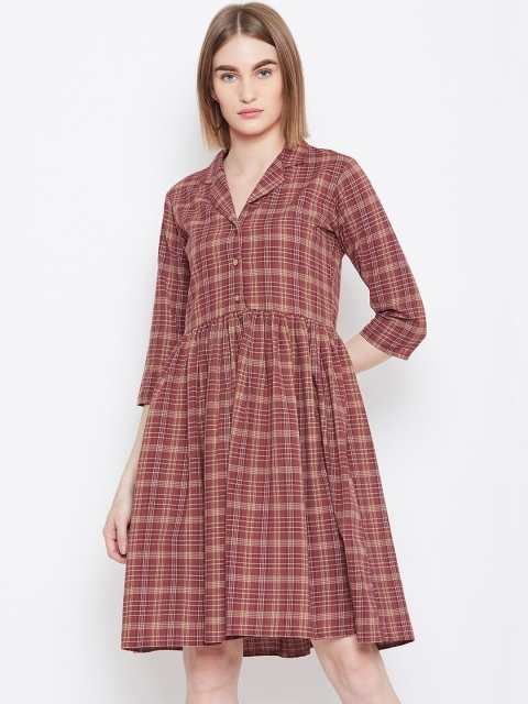 

Ruhaans Women Rust Brown Checked Shirt Dress