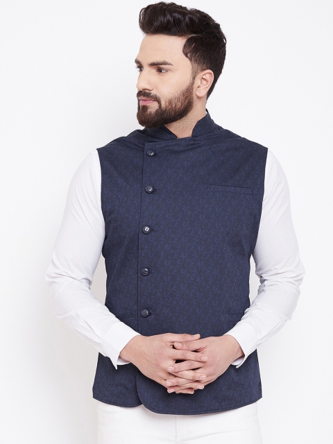 

Hypernation Men Blue Printed Pure Cotton Nehru Jacket