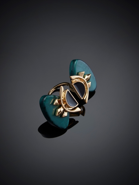 

Shaze Teal Green & Gold-Toned Stone Studded Adjustable Suave Cocktail Ring