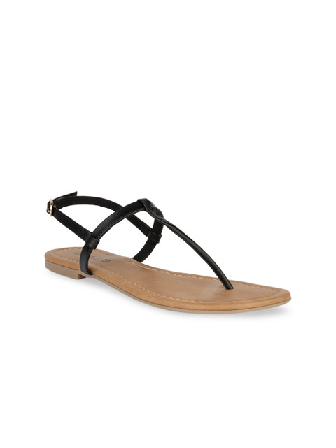 

SOLES Women Black Solid T-Strap Flats
