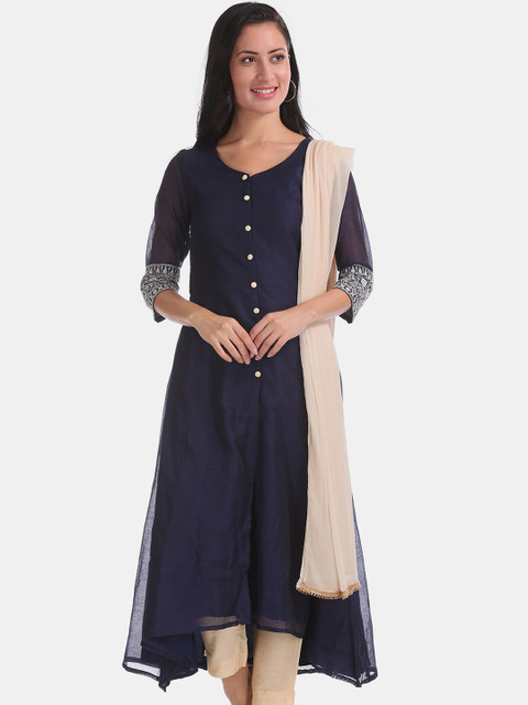 

Anahi Women Navy Blue & Cream-Coloured Solid Kurta with Trousers & Dupatta