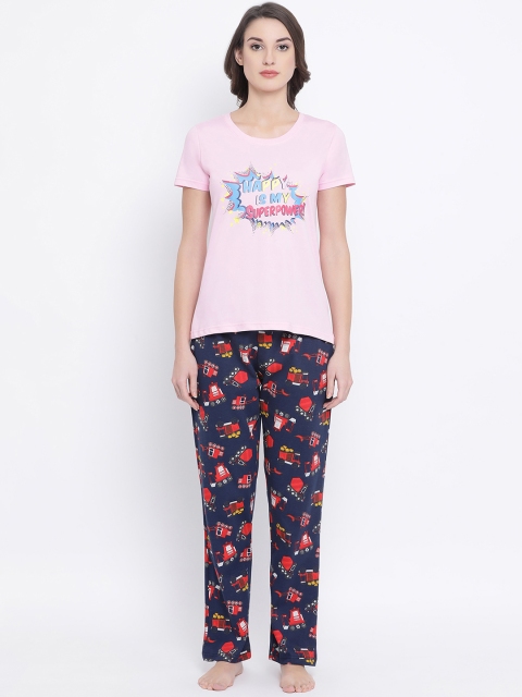 

Clovia Women Pink & Navy Blue Printed Night suit COMLS0075S
