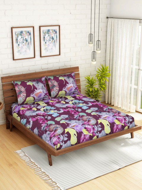 

WELHOME Purple & Pink Floral 200 TC 1 Microfibre Queen Bedsheet with 2 Pillow Covers
