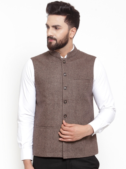 

NEUDIS Men Brown Solid Pure Wool Nehru Jacket