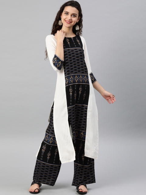 

ZIYAA Women Off-White & Black Printed Straight Kurta