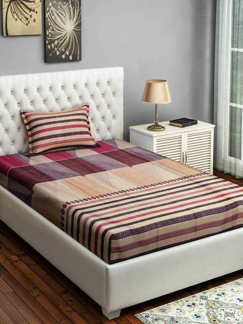

SWAYAM Pink & Maroon Striped 250 TC Cotton 1 Single Bedsheet with 1 Pillow Covers