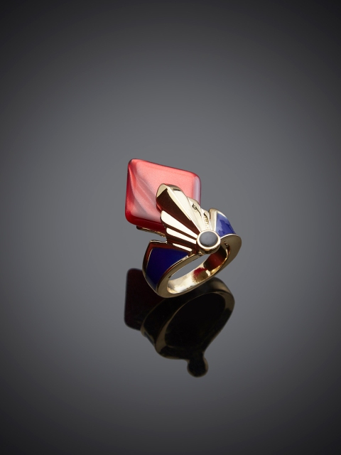 

Shaze Blue & Red Enameled Crown Shaped Cocktail Shabaka Ring