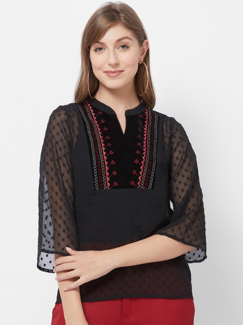 

109F Women Black Embroidered Top