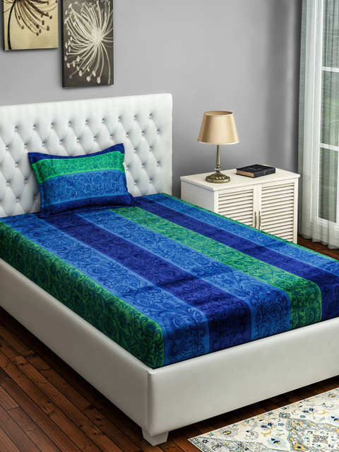 

SWAYAM Blue & Green Ethnic Motifs 250 TC Cotton 1 Single Bedsheet with 1 Pillow Covers