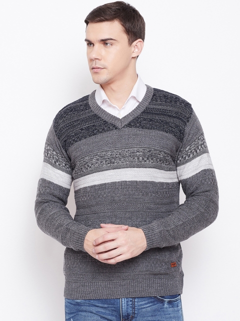 

Duke Men Grey Striped Pullover Sweater