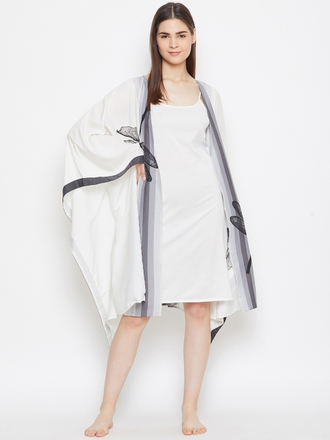 

The Kaftan Company White & Grey Solid Nightdress with Robe
