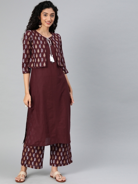 

ZIYAA Women Brown & Gold-Toned Solid Layered Straight Kurta