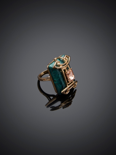 

Shaze Teal Green & Gold-Toned Stone Studded Optimus Cocktail Ring