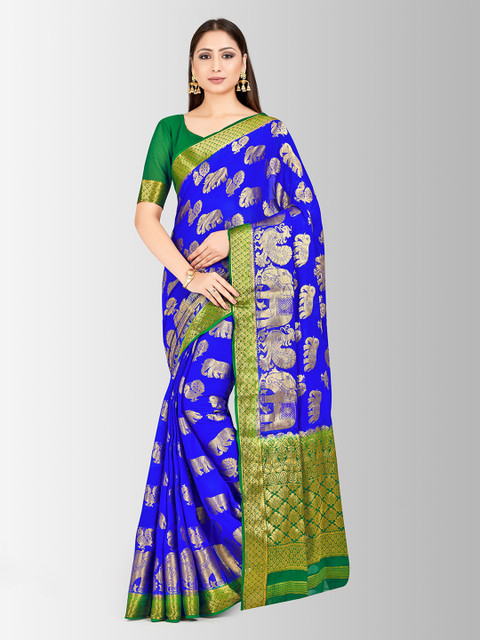 

Mitera Blue & Gold-Toned Poly Chiffon Woven Design Banarasi Saree