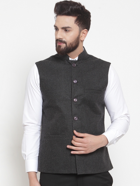 

TAG 7 Men Black & Charcoal Grey Checked Nehru Jacket