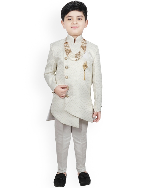 

SG YUVRAJ Boys Cream-Coloured Woven Design Silk Sherwani Set, White