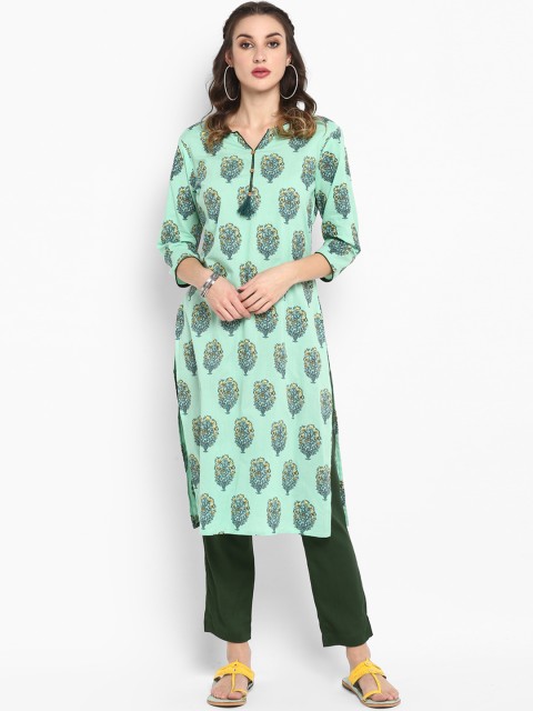 

Janasya Women Sea Green & Blue Printed Straight Kurta