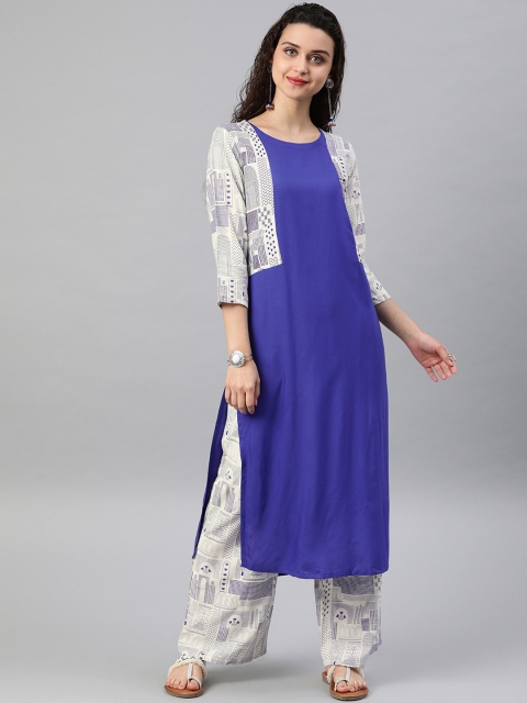 

ZIYAA Women Blue & Off-White Printed Straight Kurta