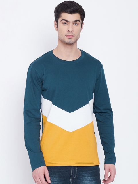 

The Dry State Men Teal Green & Mustard Yellow Colourblocked Round Neck T-shirt