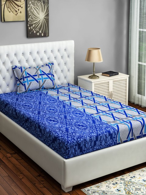 

SWAYAM Blue Geometric 160 TC Cotton 1 Single Bedsheet with 1 Pillow Covers