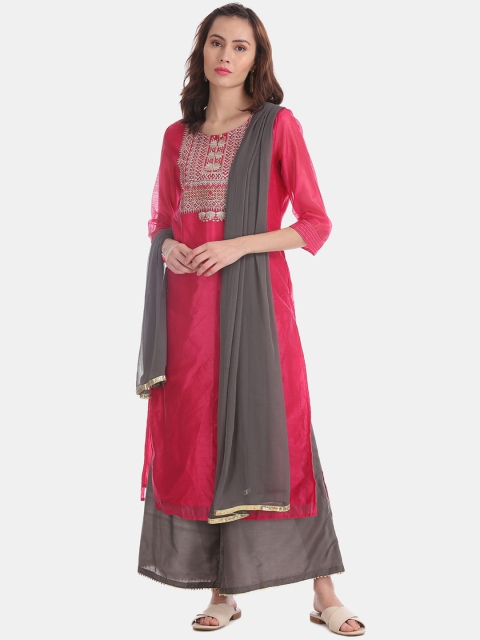 

Anahi Women Pink & Grey Embroidered Kurta with Palazzos & Dupatta