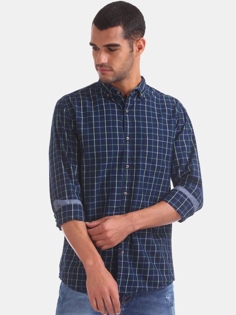 

Ruggers Men Navy Blue & Green Regular Fit Checked Casual Shirt