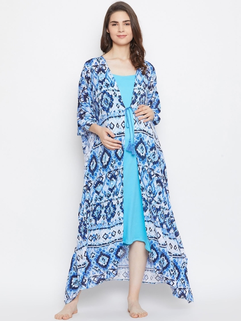 

The Kaftan Company White & Blue Printed Nightdress