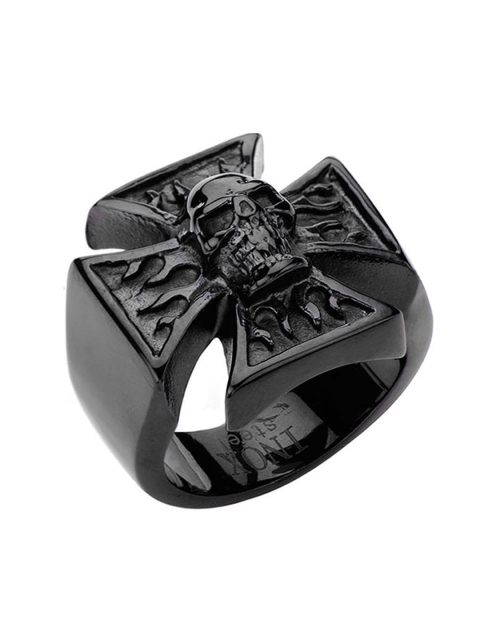

Inox Jewelry Men Black Stainless Steel Flaming Iron Cross Skull-Shaped Fiinger Ring