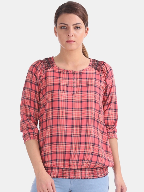 

Cherokee Women Pink & Navy Blue Checked Blouson Top
