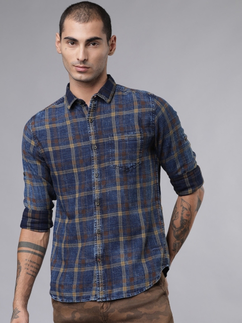 

Ecko Unltd Men Navy Blue & Mustard Yellow Slim Fit Checked Casual Shirt