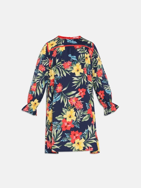 

Oxolloxo Girls Navy Blue Tropical Printed A-Line Dress