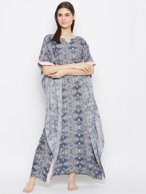 

The Kaftan Company Grey & Navy Blue Printed Nightdress