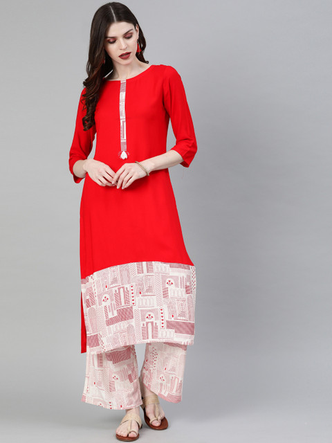 

ZIYAA Women Red Printed Straight Kurta