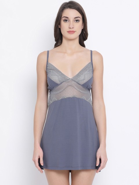 

Clovia Grey Solid Semi Sheer Baby Doll With Lace Detailing