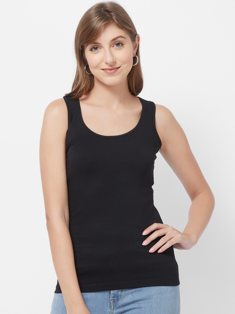 

109F Women Black Solid Round Neck T-shirt