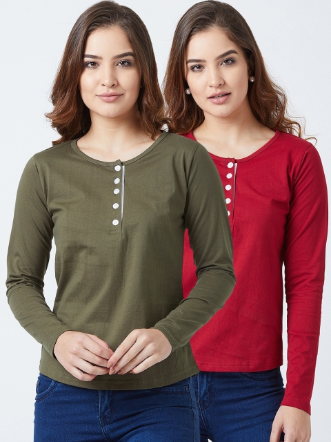 

The Dry State Women Set Of 2 Olive Green & Red Solid Henley Neck T-shirt