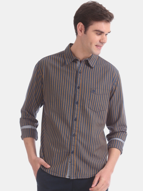 

Ruggers Men Brown & Blue Slim Fit Striped Casual Shirt