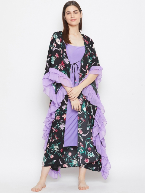

The Kaftan Company Black & Purple Printed Nightdress with Robe