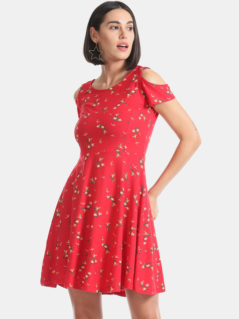 

Sugr Women Red Floral Printed Fit and Flare Dress