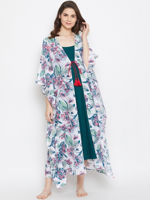 

The Kaftan Company White & Green Printed Midi Nightdress with Robe