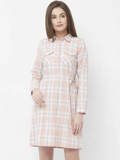 

109F Women Pink Checked Shirt Dress