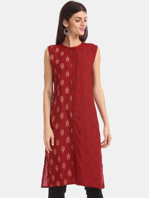 

Karigari Women Maroon Printed Straight Kurta