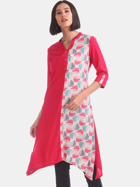 

Karigari Women Pink & White Printed Asymmetric Hemline Straight Kurta