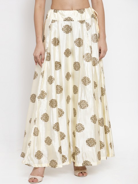 

Ayaany Women Cream-Coloured & Gold-Coloured Printed Flared Jacquard Maxi Skirt