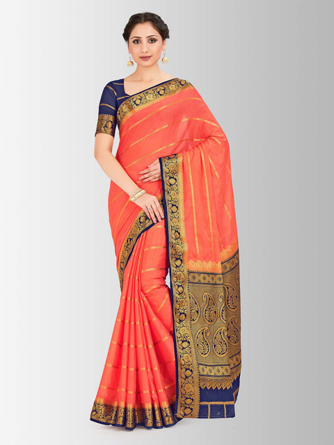 

Mitera Orange & Gold-Toned Poly Crepe Striped Mysore Silk Saree