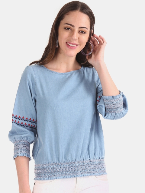 

Cherokee Women Blue Solid Blouson Chambray Top