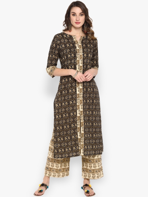 

Janasya Women Olive Green & Beige Printed Kurta with Palazzos